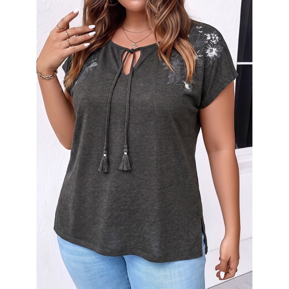 Tommy Bahama Linen Embroidered Tassel Top Medium Gray Floral Boho Cap Sleeve